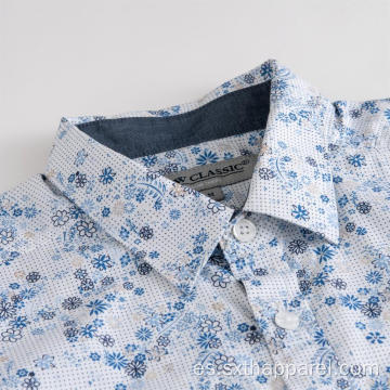 Camisas casuales con estampado de flores azules de manga corta para hombre